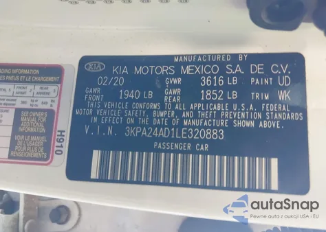 2020 Kia Rio Lx z USA, uszkodzony, nr VIN 3KPA24AD1LE320883